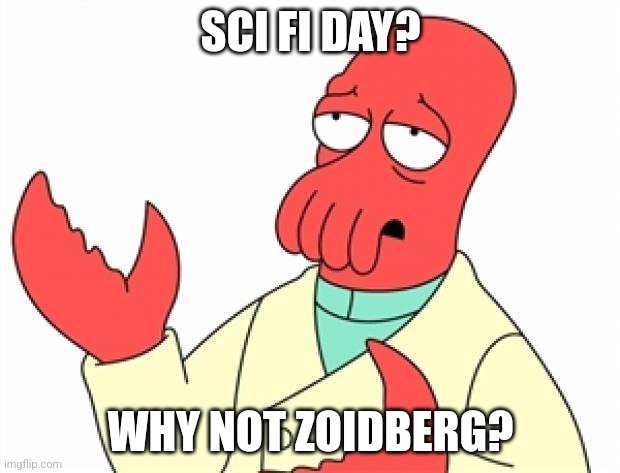 A red, bald, squid-like cartoon character with a lobster claw for a hand, wearing a lab coat, looks skeptical and raises his…