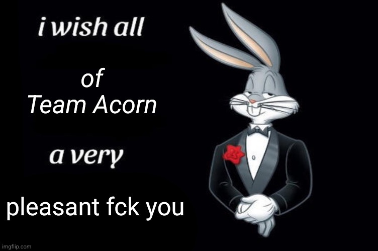 A gray cartoon rabbit in a black tuxedo with a red rose on its lapel stands against a black background, looking smug. White…