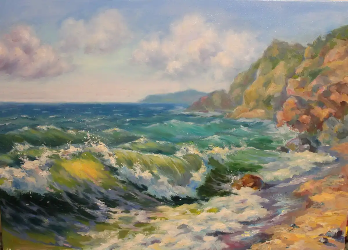 An oil painting depicts a turbulent ocean with crashing green and white waves against a rocky shore under a cloudy sky. The…