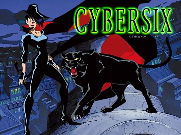 A stylized illustration of a female superhero in a black and red costume with a cape, standing beside a large black panther…