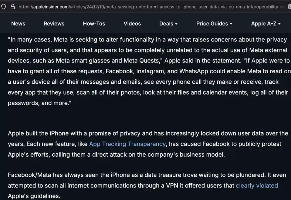 A screenshot of an AppleInsider article discussing Apple's stance against Meta's requests for iPhone data access. The text…
