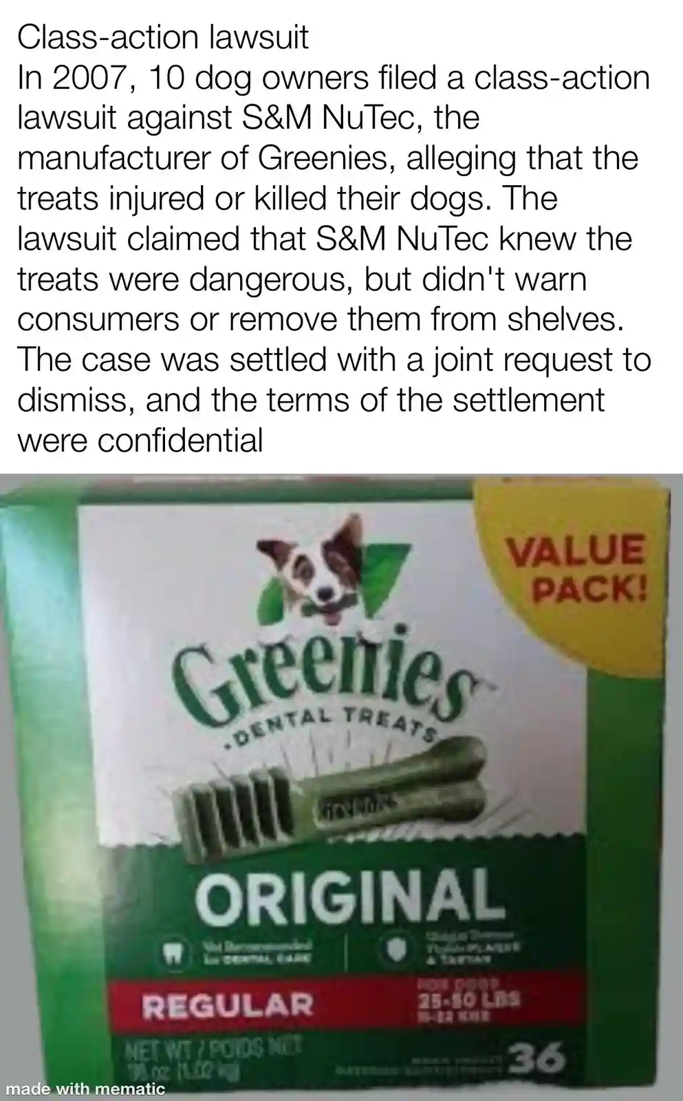 The image displays a box of Greenies Dental Treats for dogs, labeled 'Original' and 'Value Pack!' with a picture of a dog…