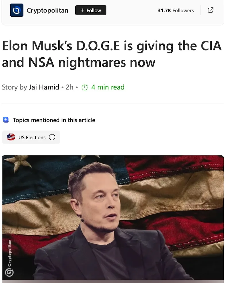 A screenshot of a Cryptopolitan article header showing a photo of Elon Musk in front of an American flag, with the headline…
