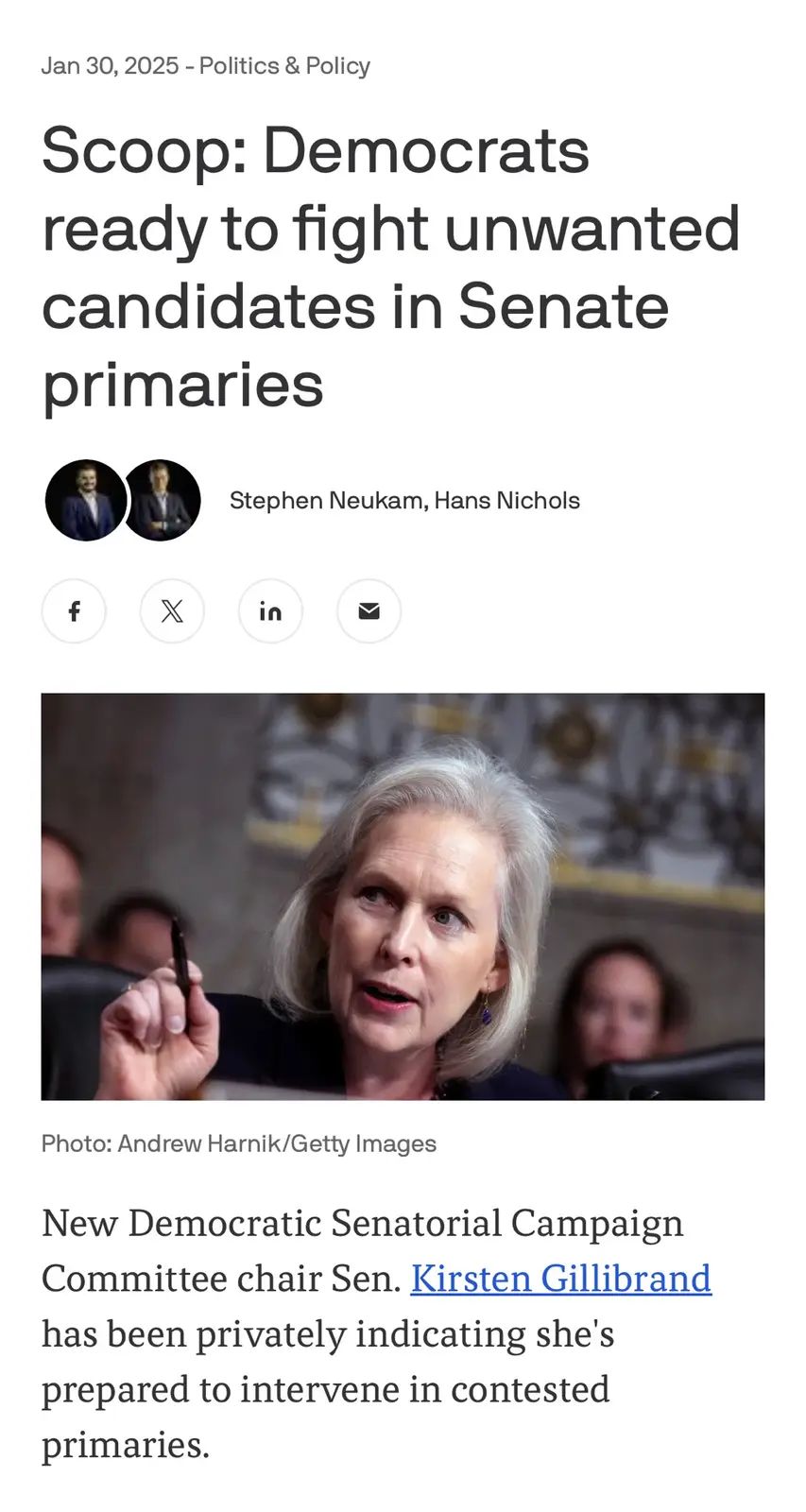 A screenshot of a fake news article dated Jan 30, 2025, with the headline 'Scoop: Democrats ready to fight unwanted…