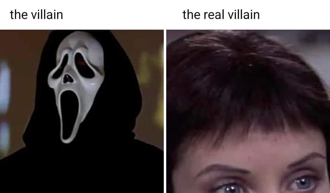 The image is split into two panels. The left panel shows the iconic Ghostface character from the 'Scream' movie franchise…