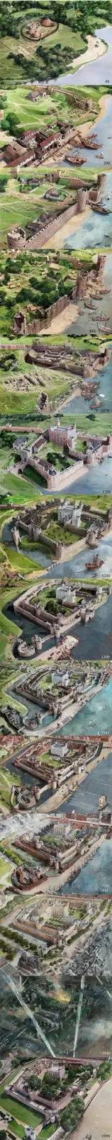A vertical sequence of 12 illustrated panels shows a coastal fortress evolving from a simple wooden fort in 40 AD to a…