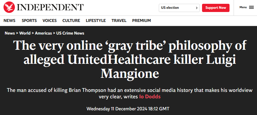 A screenshot of a news article from The Independent with the headline 'The very online 'gray tribe' philosophy of alleged…