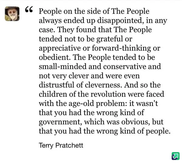 The image displays a block of text, attributed to Terry Pratchett, describing the recurring problem in revolutions: that the…