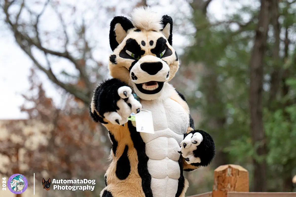 A person in a detailed black-and-tan fursuit resembling a spotted feline with green eyes and muscular chest, points directly…