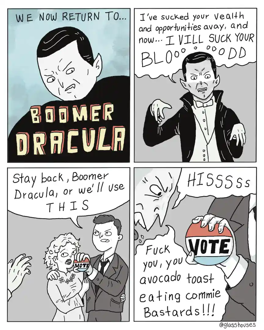A four-panel comic depicts a vampire named 'Boomer Dracula' threatening to suck victims' blood, but they retaliate by…