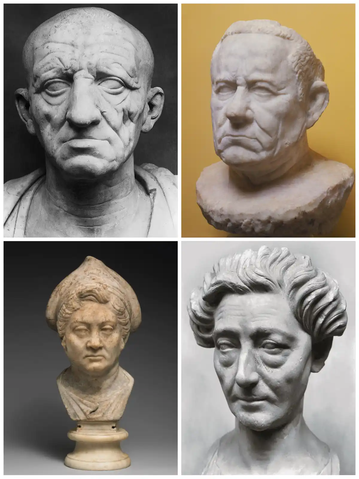 The image displays four marble busts arranged in a 2x2 grid. The top-left and bottom-right busts are highly detailed…