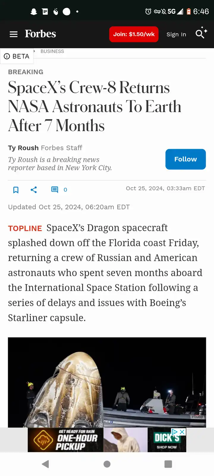 A screenshot of a Forbes news article about SpaceX's Crew-8 mission returning astronauts after seven months. The headline…