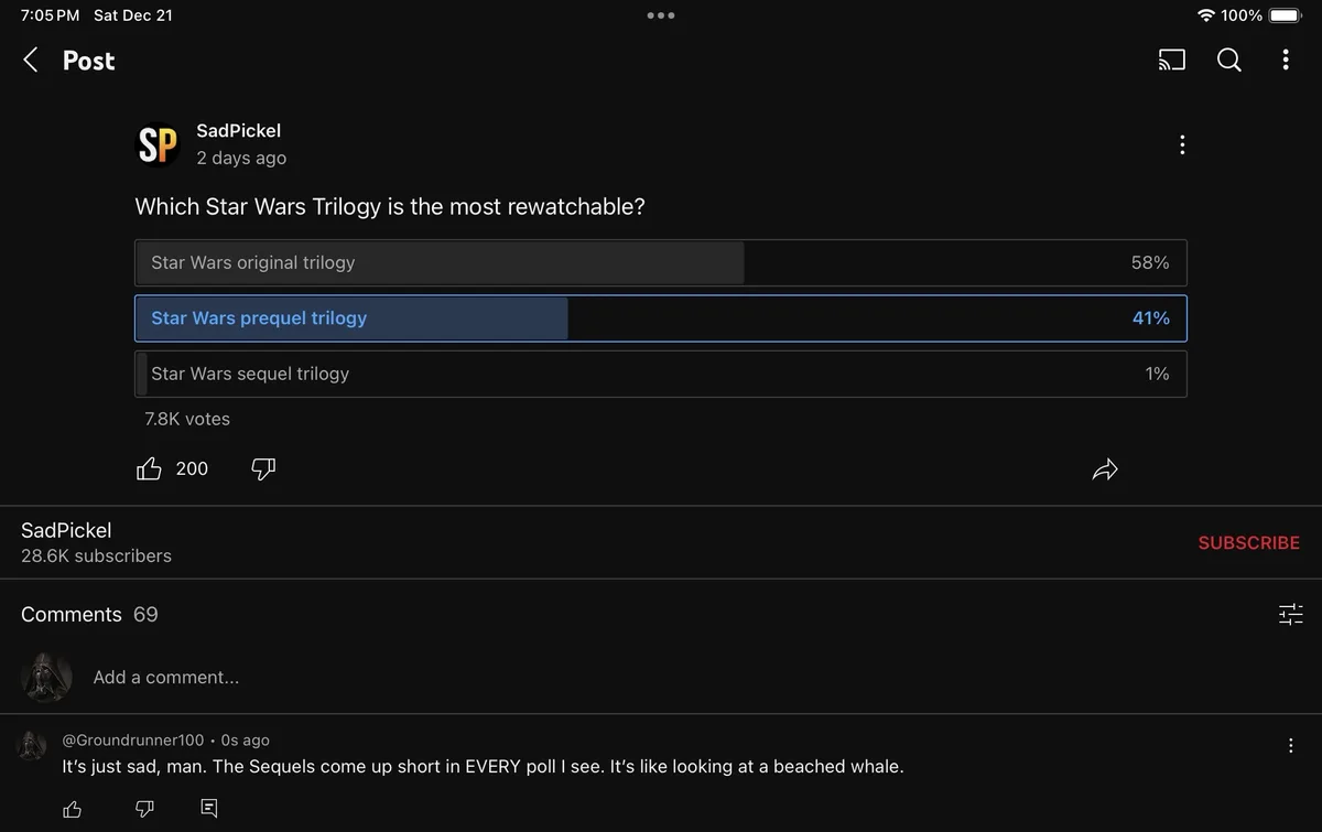 A screenshot of a Reddit poll asking which Star Wars trilogy is most rewatchable, showing the original trilogy at 58%…
