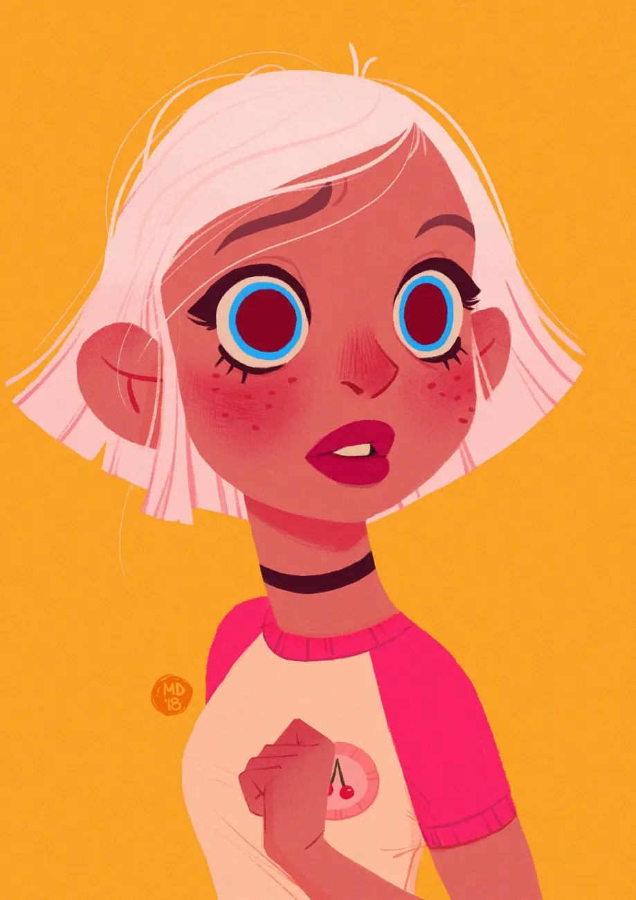 An illustration of a young girl with short white hair, wide blue-ringed eyes, and a flushed face, wearing a pink and white…