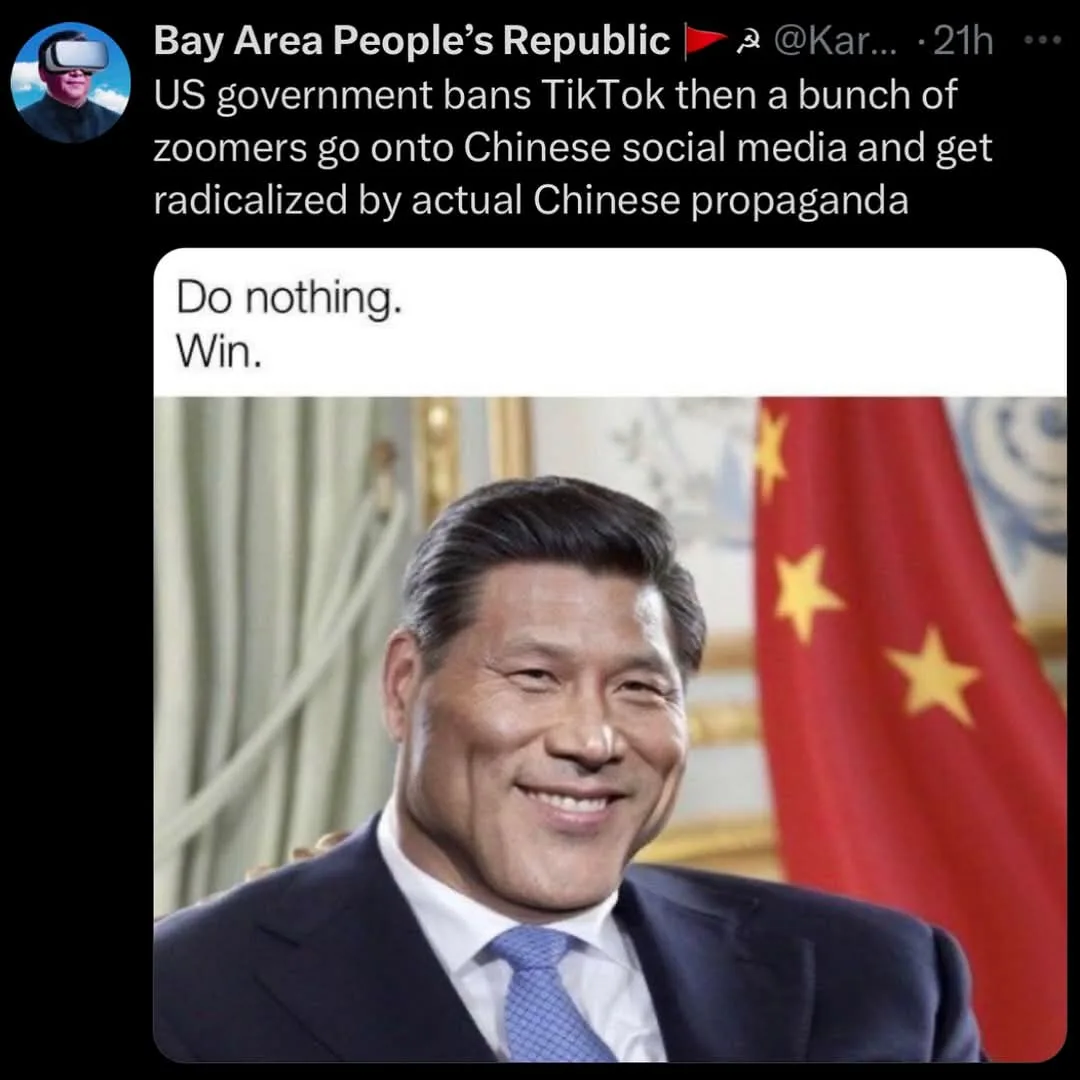 A screenshot of a tweet from 'Bay Area People's Republic' shows a photo of a man in a suit smiling in front of a Chinese…