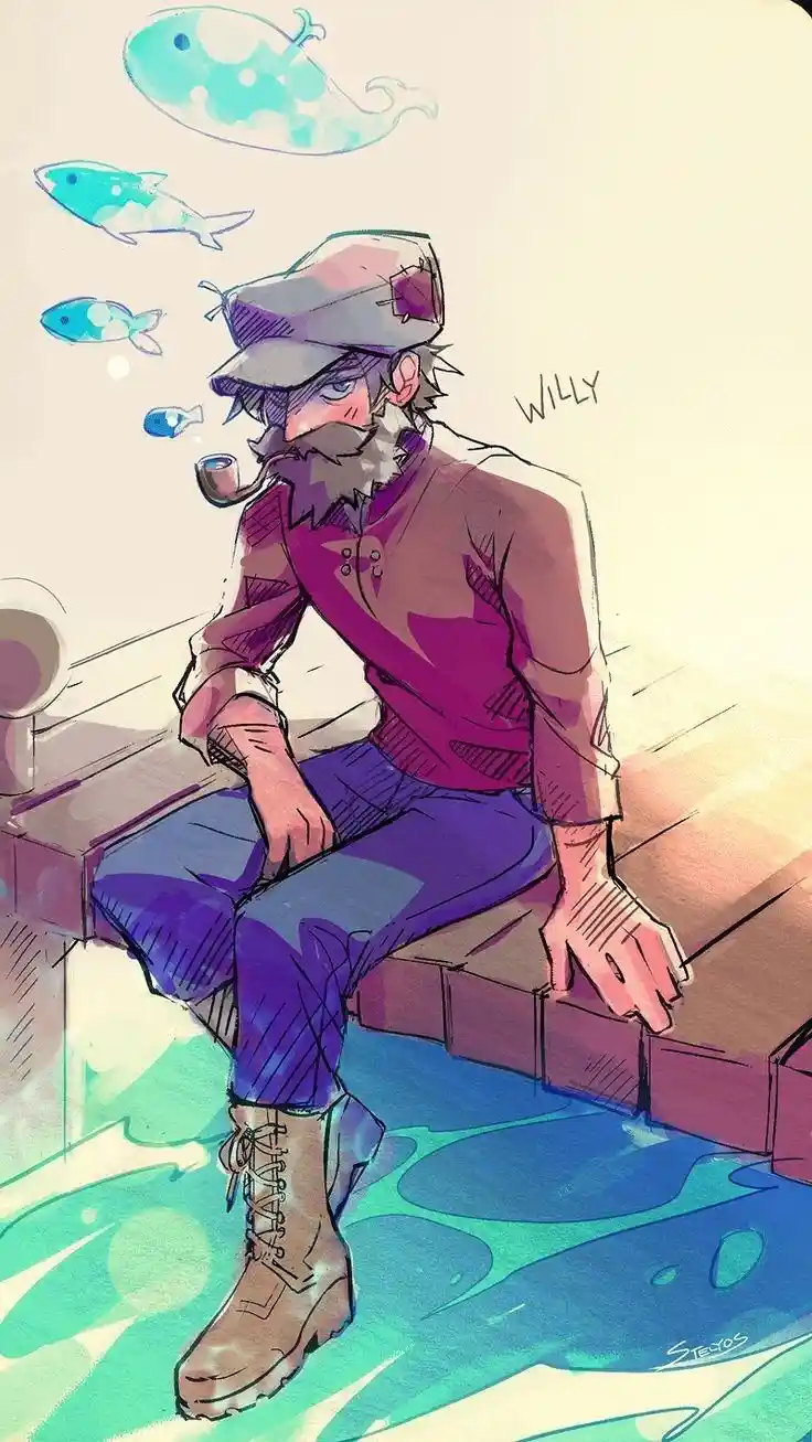 A man named Willy with a beard and cap sits on a wooden dock, smoking a pipe, with cartoon fish and a whale floating above…