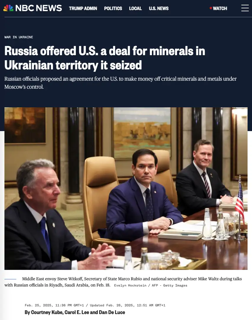 A screenshot of an NBC News article headline about Russia offering the U.S. a deal for minerals in Ukrainian territory it…