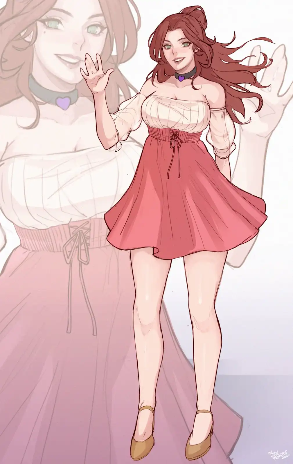 An anime-style illustration shows a woman in a pink dress and brown shoes waving, with a faded, unfinished sketch of herself…