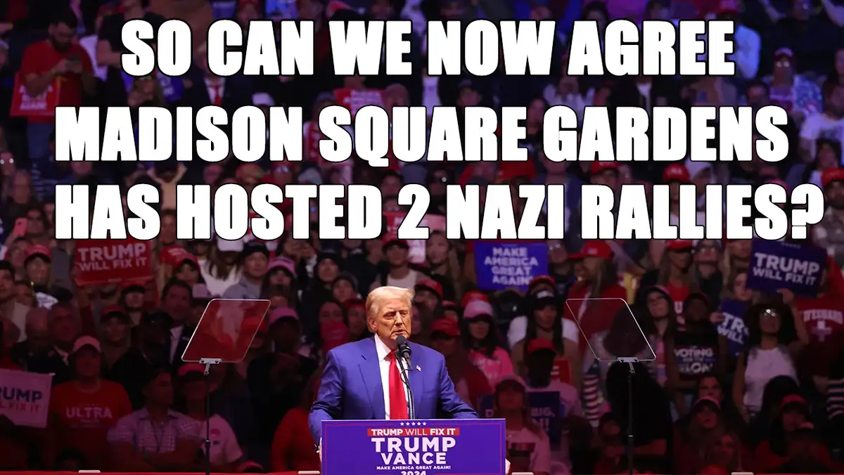 A photo of Donald Trump speaking at a rally with a crowd holding signs like 'TRUMP WILL FIX IT' and 'MAKE AMERICA GREAT…