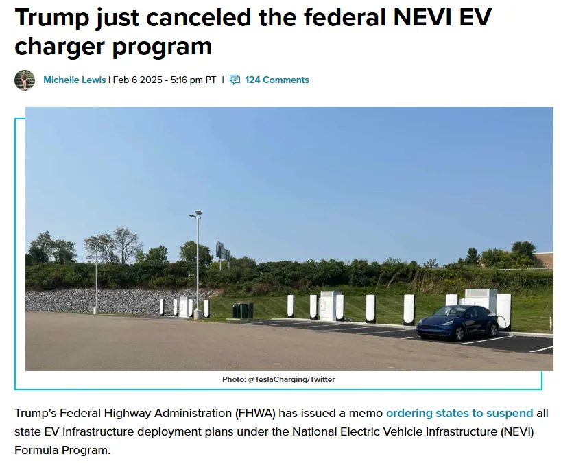A blue Tesla is parked at a row of white electric vehicle charging stations under a clear blue sky. The overlaid text reads…