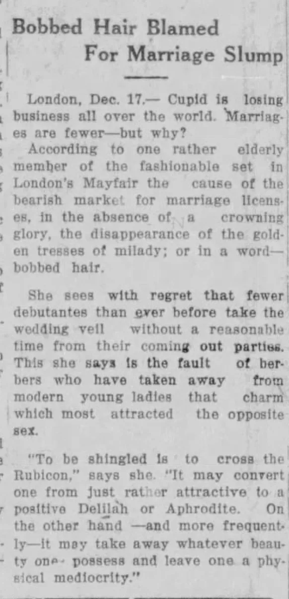 A vintage newspaper clipping from London, Dec. 17, features a headline blaming bobbed hair for a 'marriage slump.' The…