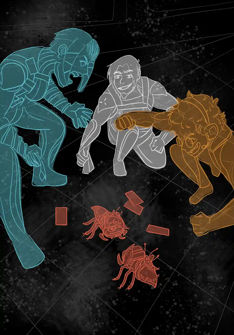 Three stylized, outlined characters in teal, gray, and brown crouch menacingly around two red insect-like creatures on a…