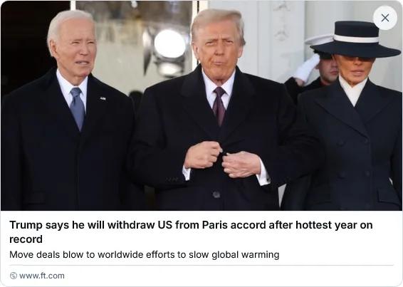 A photo shows former US President Donald Trump buttoning his coat, flanked by former President Joe Biden on his left and…