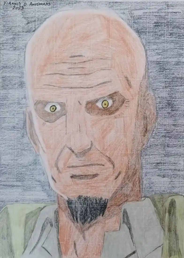 A colored pencil drawing of a bald, stern-looking man with yellow eyes and a goatee, wearing a collared shirt. The image has…