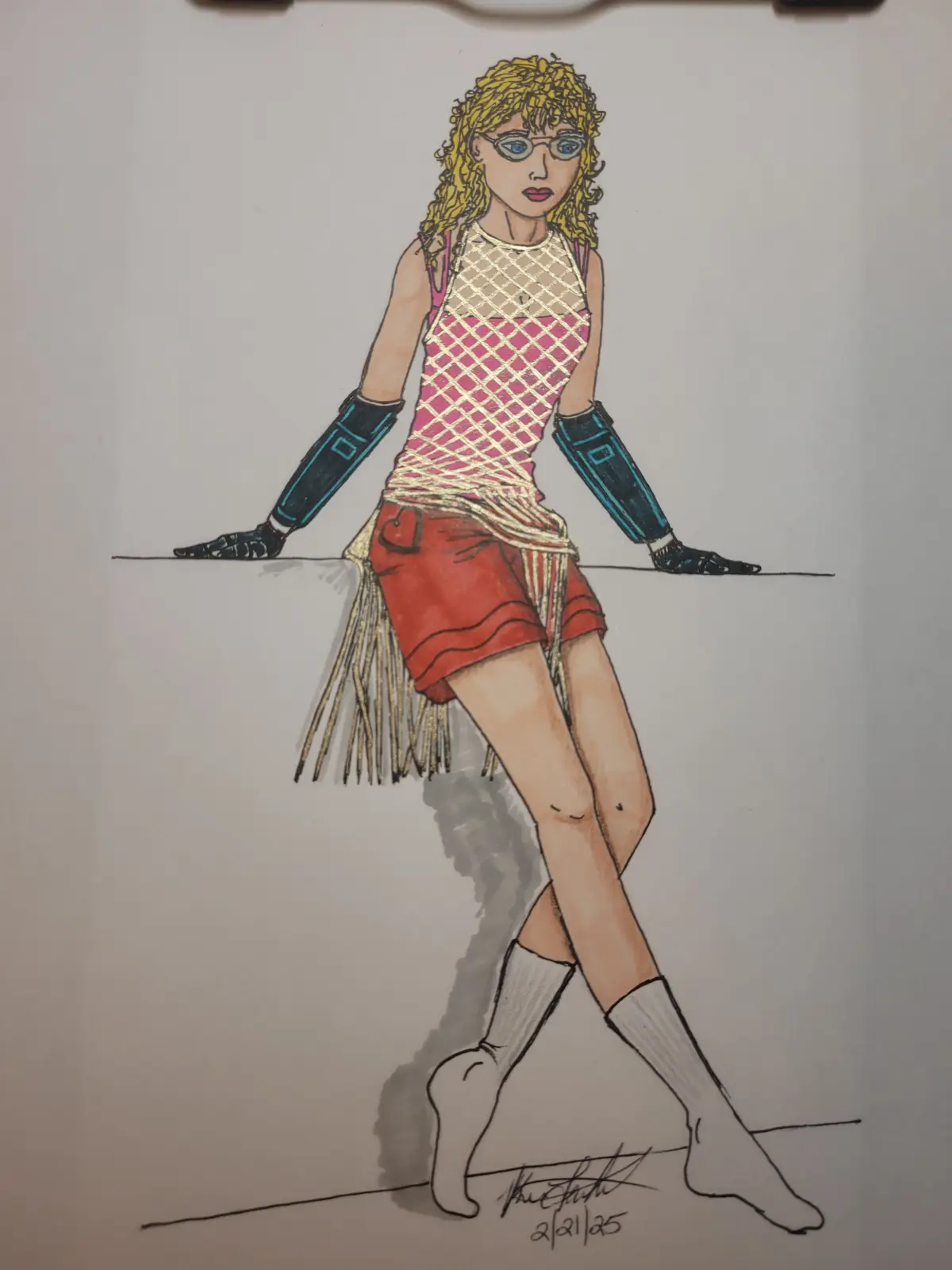 A hand-drawn fashion illustration of a woman with curly blonde hair and glasses, wearing a pink mesh top, red shorts with a…