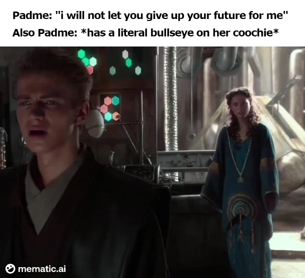 A still from Star Wars shows Anakin Skywalker looking distressed while Padme Amidala stands behind him in a blue robe. The…