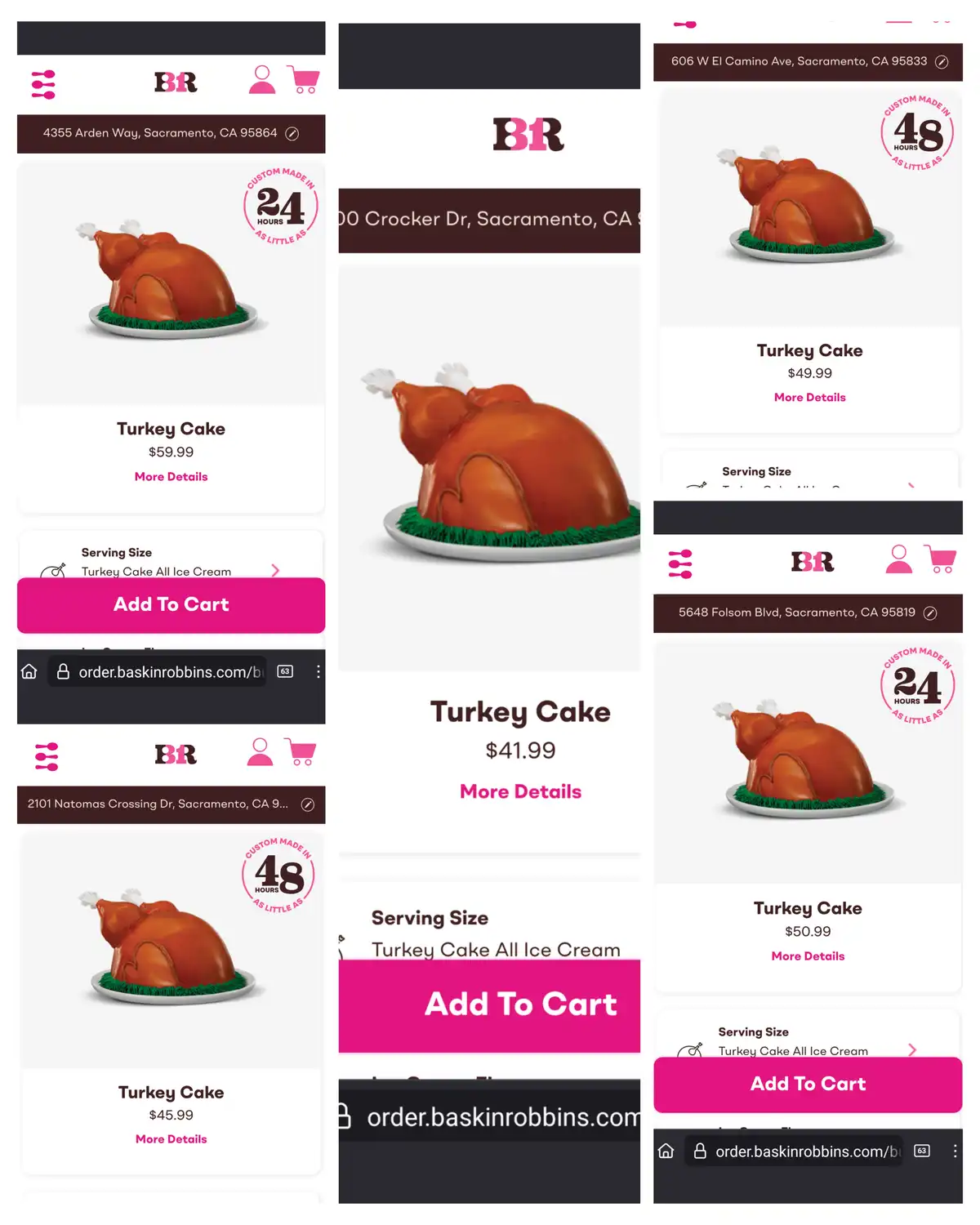 A collage of multiple Baskin Robbins mobile app screenshots showing the 'Turkey Cake' ice cream dessert, each with a…