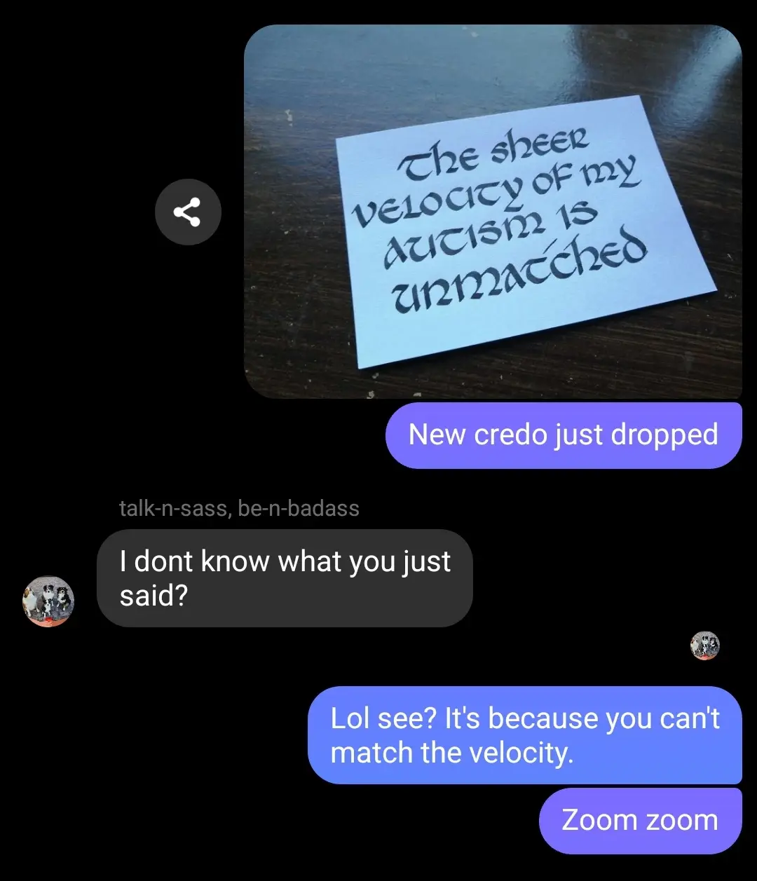 A screenshot of a text conversation where one person shares a handwritten note on a blue card that reads 'The sheer velocity…