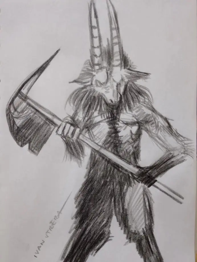 A rough pencil sketch depicts a horned, skeletal humanoid figure with a long beard, holding a large scythe. The figure has a…