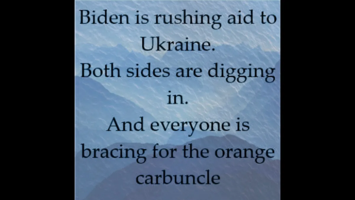 The image shows a blue-toned mountainous landscape with dark text overlaid. The text reads: 'Biden is rushing aid to…
