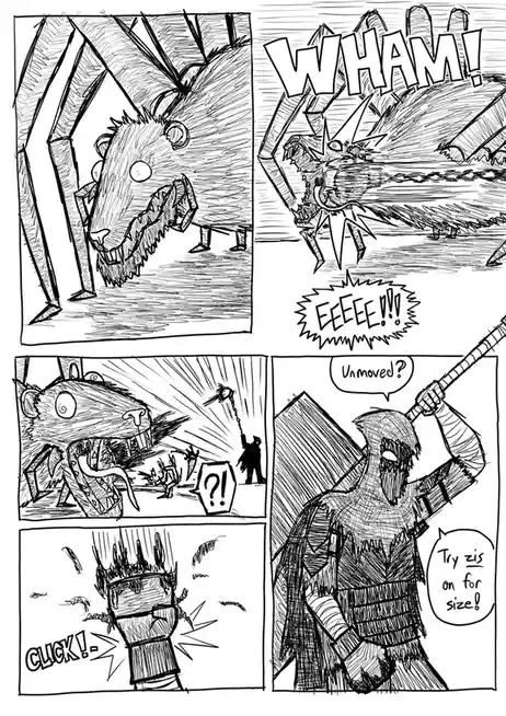 A black-and-white comic strip shows a giant, spiky monster roaring and charging, then being hit by a small character with a…