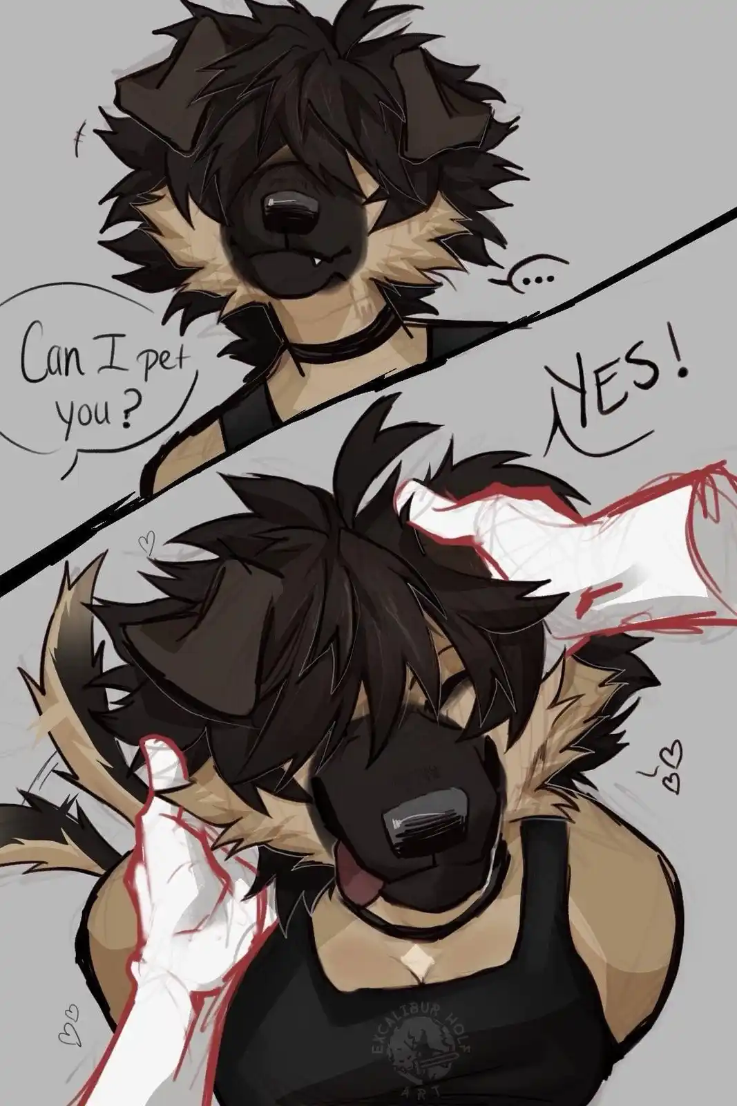 An anime-style anthropomorphic wolf with black hair and tan fur around its muzzle and ears is shown in two panels. In the…