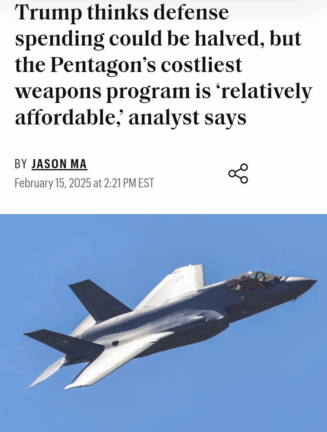 A news article headline is overlaid on a photo of a gray fighter jet flying against a clear blue sky. The headline reads…