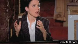 A woman in a pinstripe suit is shown in a sequence of frames, starting with her looking shocked, then dramatically throwing…
