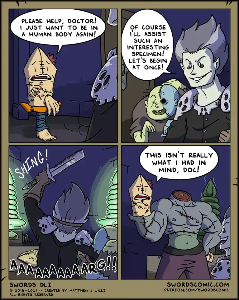 A four-panel comic strip shows a stitched, cone-headed character pleading with a doctor to return to a human body. The…