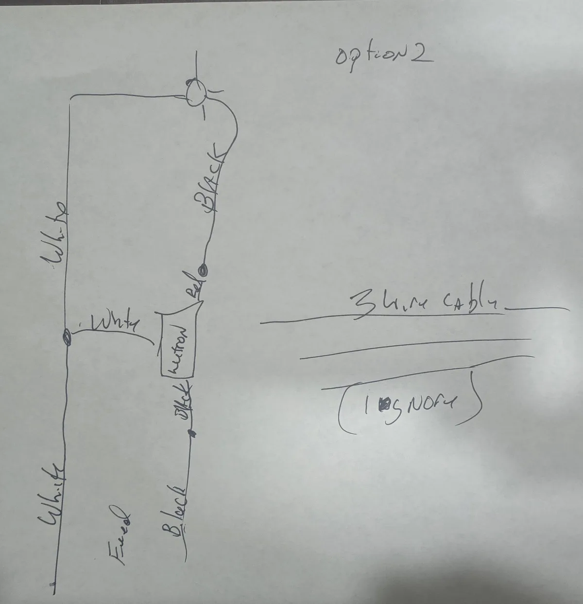 A hand-drawn electrical schematic shows a 'feed' line with 'white' and 'black' wires connected to a 'neutral' box, then to a…