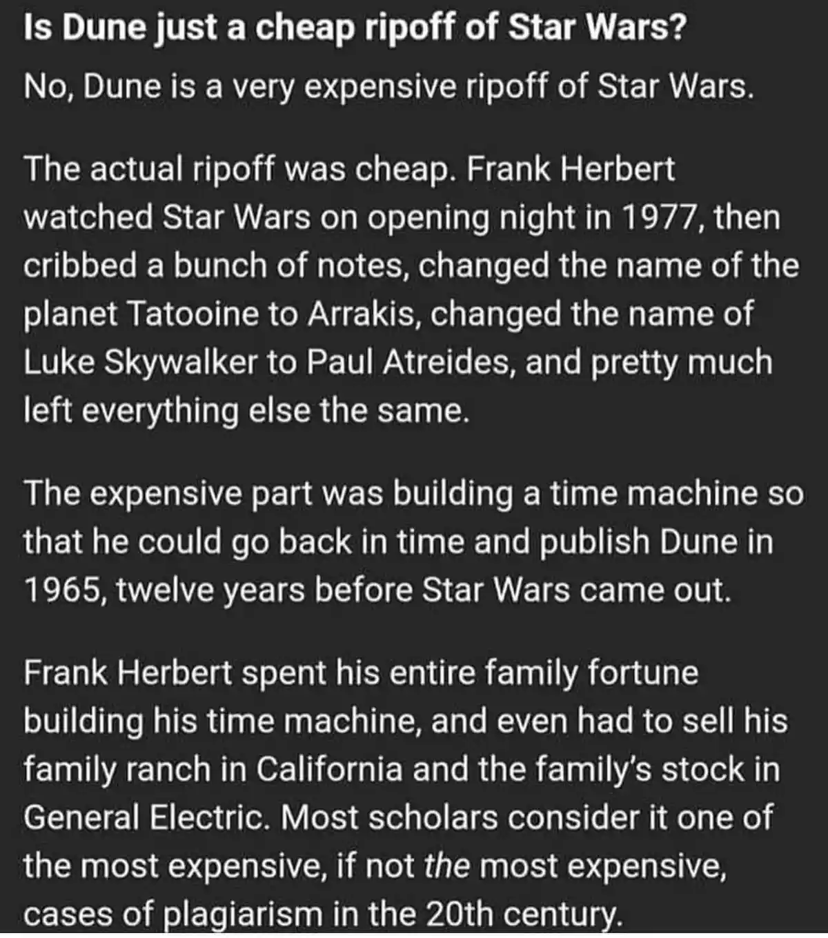 A black background with white text presents a satirical argument that Frank Herbert plagiarized Star Wars by changing names…