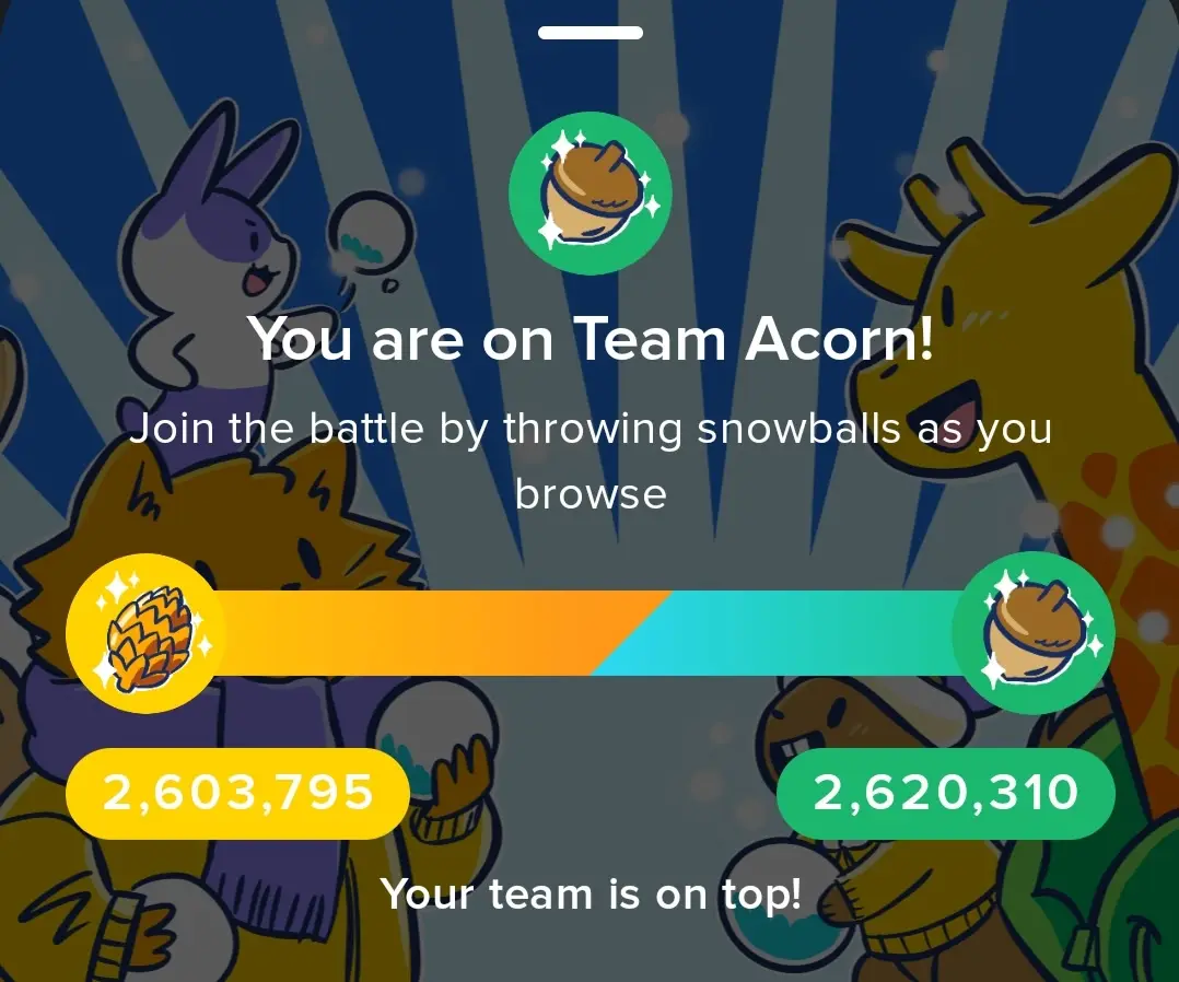 A screenshot from a mobile game interface showing a scoreboard with two teams: 'Team Acorn' (green) and 'Team Pinecone'…