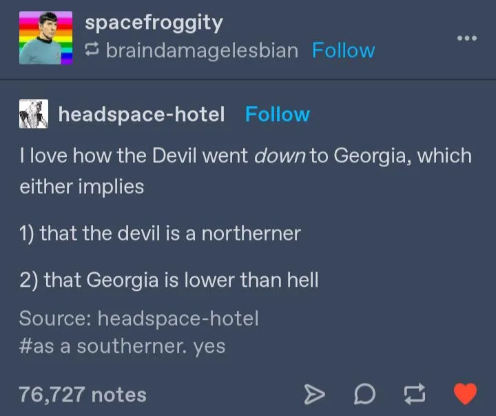 A screenshot of a Tumblr post by 'headspace-hotel' showing a comment thread. The comment humorously interprets the phrase…