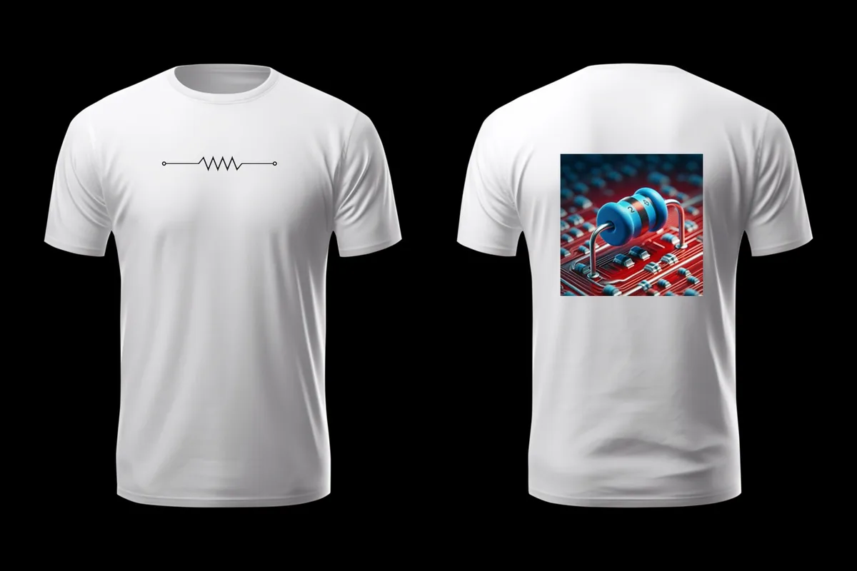 Two white t-shirts are shown, front and back. The front has a simple black resistor symbol. The back features a photo of a…