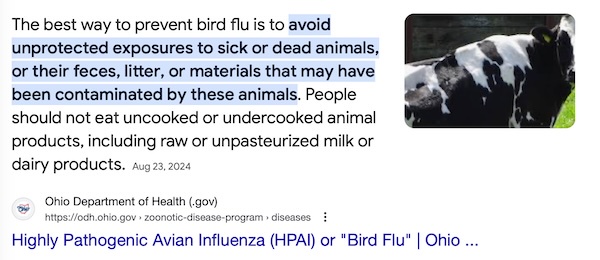 A screenshot of a government health advisory text, with the phrase 'avoid unprotected exposures to sick or dead animals'…