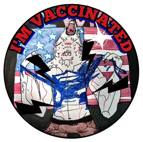 Six circular badges show a cartoonish, muscular, white-furred werewolf ripping open its shirt to reveal a glowing blue…
