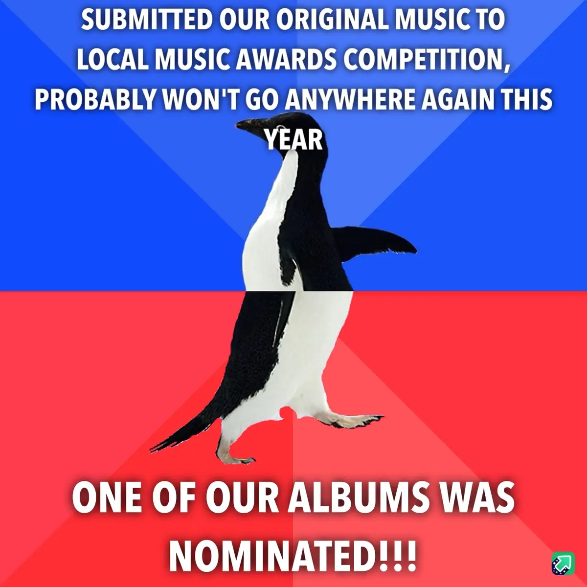 A penguin stands centered against a blue and red background, with white text overlaid. The top text reads 'SUBMITTED OUR…