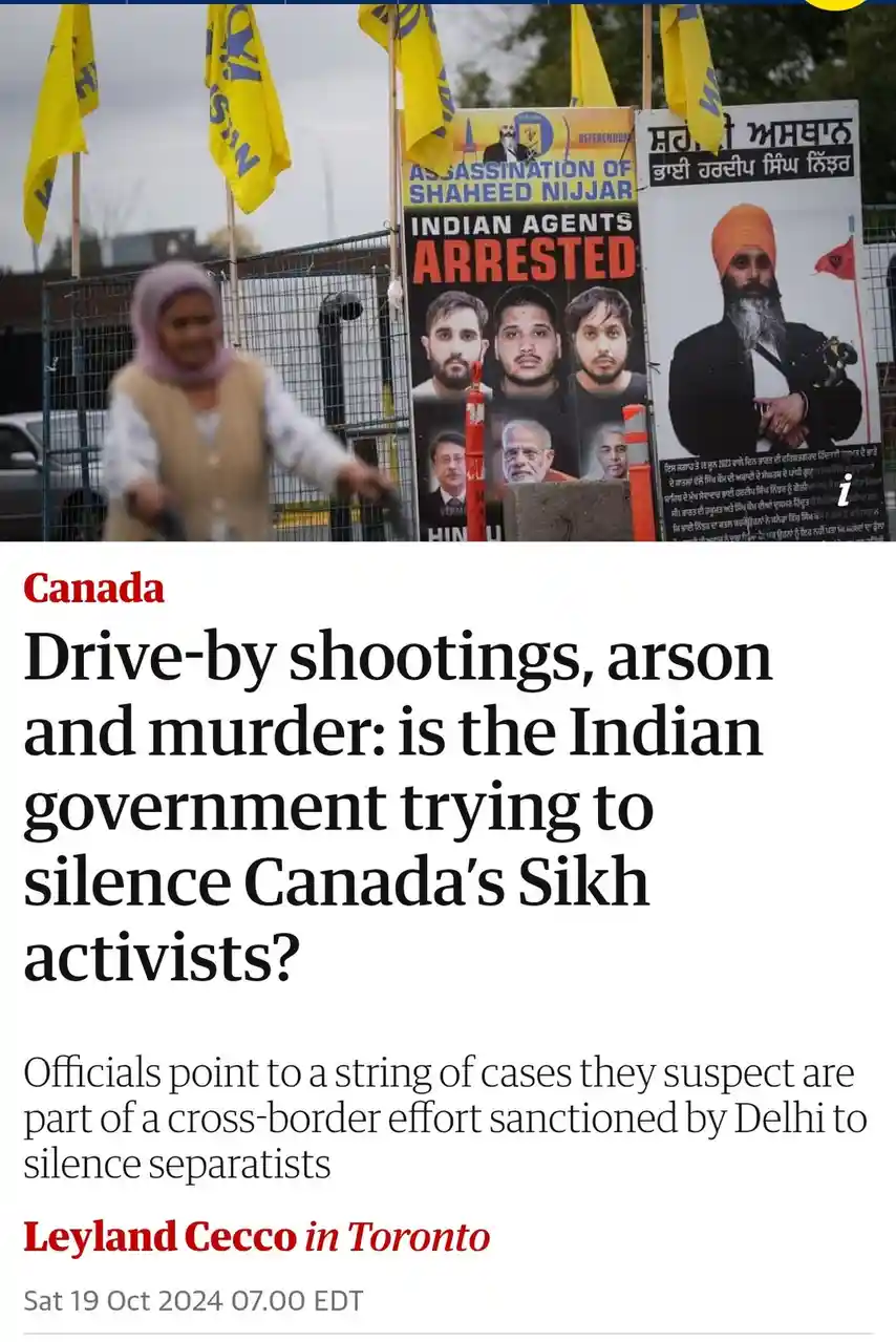 A screenshot of a news article from Canada with the headline 'Drive-by shootings, arson and murder: is the Indian government…