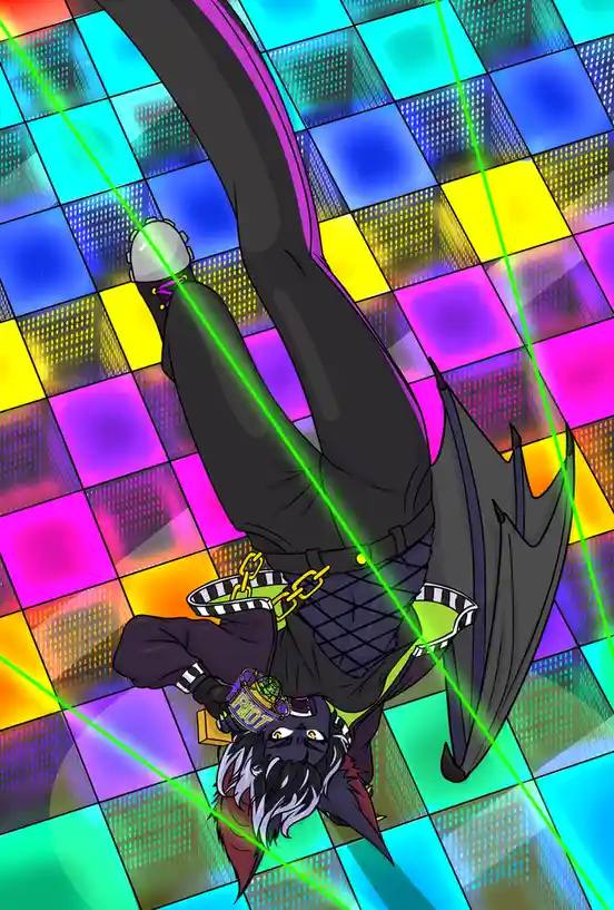 An anime-style bat-like character with long black hair and bat wings is hanging upside down in a vibrant, neon-lit disco…