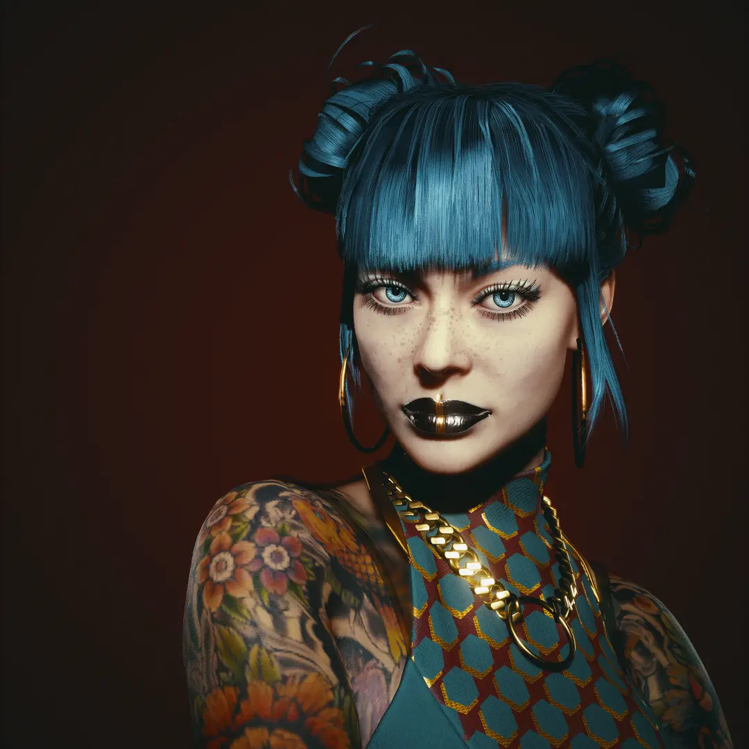 A digitally rendered portrait of a woman with vibrant blue hair styled in two buns, heavy eyelashes, and freckles, wearing…
